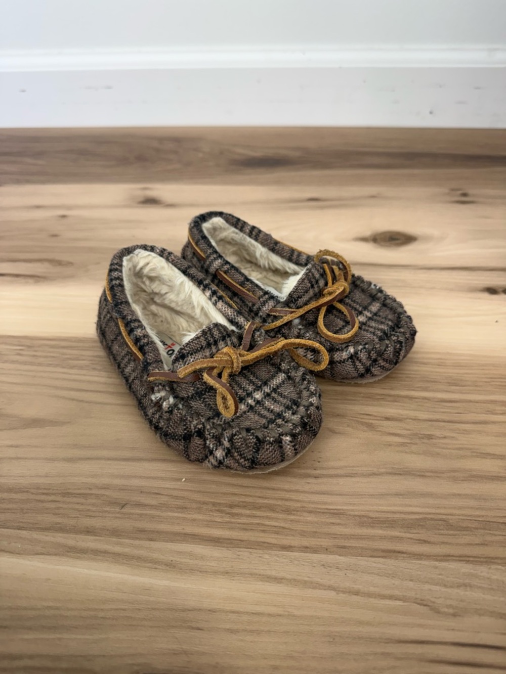 Minnetonka Brown Plaid Kids Moccasin Slippers